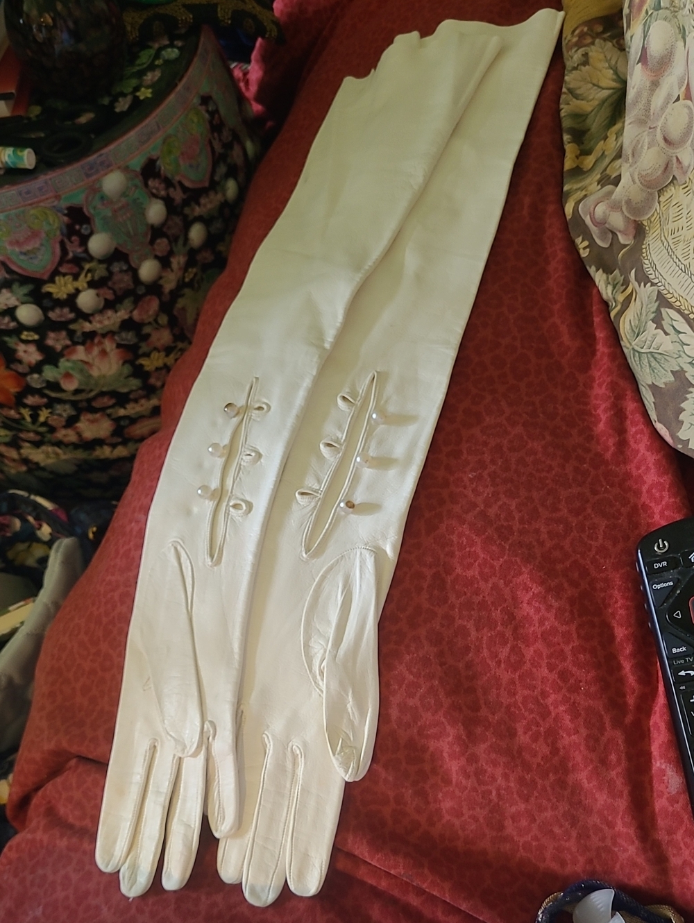 Vintage Long White Kid Opera Gloves with Decorative Buttons 1950s